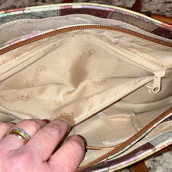 Fossil Vintage Travel Print Satchel Shoulder Bag Brown Leather Handles Cream - Picture 11 of 16